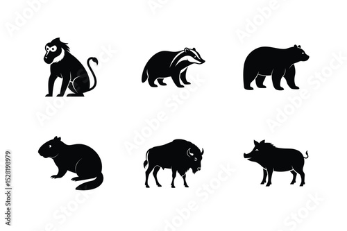 Forest animals silhouette themed wild nature creature set vector illustration.