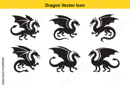 Six dragon silhouettes vector illustration set