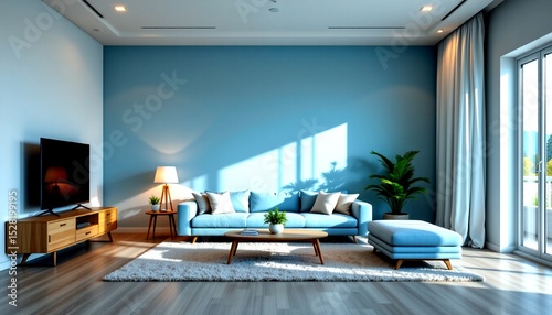 a modern living room with high ceilings and a large window allowing natural light to flood in