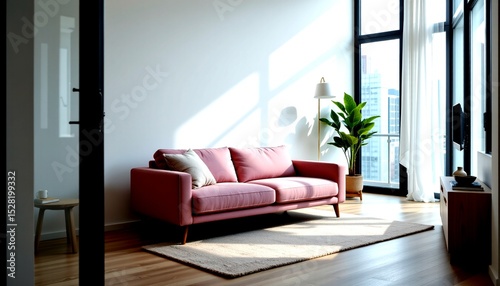 the image is of a modern living room with a view of the outdoors through large windows. it features a contemporary style sofa positioned in front of the window, providing ample natural light