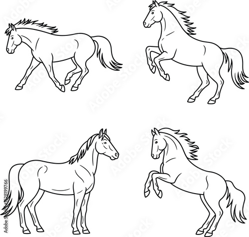 Four Line Drawings of Horses in Different Poses