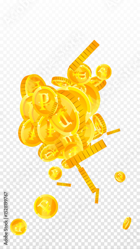 Russian ruble coins falling. Scattered gold RUB