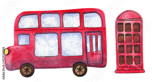 Festive collection of hand-painted watercolor elements with British symbols. Big Ben, Abbey Road sign, double-decker bus, telephone box, tea set. Illustrations isolated on white background