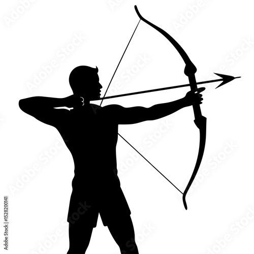 A male archer silhouetted against a white background draws his bow and aims an arrow