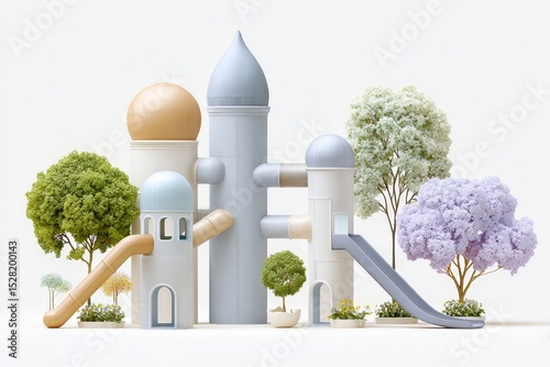 Creative playground structures with colorful trees and slide tubes