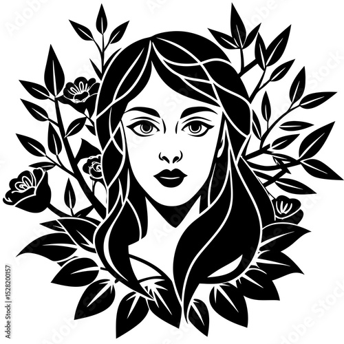 A stylized portrait of a womans face surrounded by leaves and flowers, isolated on white background