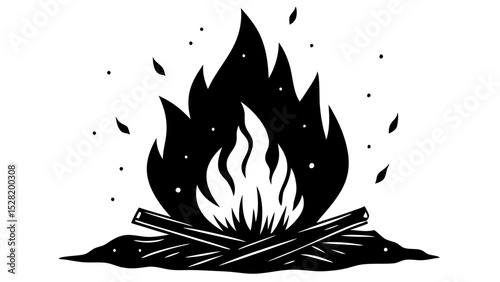 A black and white illustration of a campfire isolated on white background