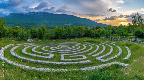 Stone maze in a grassy field under a sunset sky.