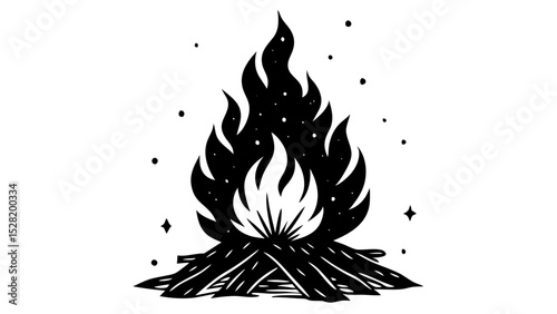 A stylized black and white illustration of a campfire with flames isolated on white background