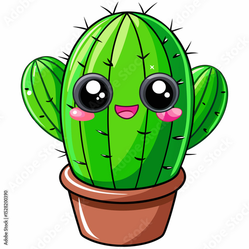 A cute cartoon cactus smiles happily in its brown pot, isolated on white background