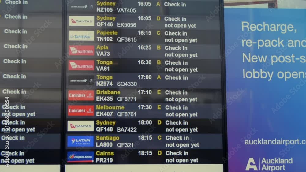 An airport check-in display board showing flight information for various destinations including Sydney, Apia, Tonga, Brisbane, Melbourne, and Cairns. Some flights indicate check-in is not open yet.
