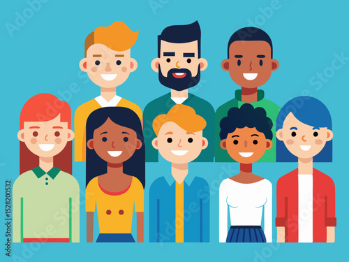 A diverse group of smiling people stand together representing teamwork and collaboration