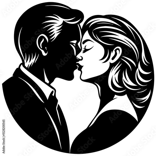 A romantic couple shares a passionate kiss, a black and white illustration isolated on white background