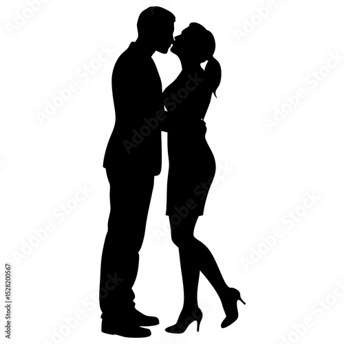 Silhouette of a couple kissing, isolated on white background