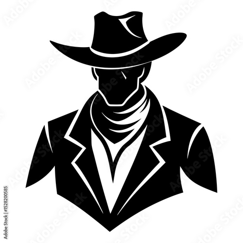 A mysterious cowboy silhouette, isolated on white background, wears a widebrimmed hat and a scarf