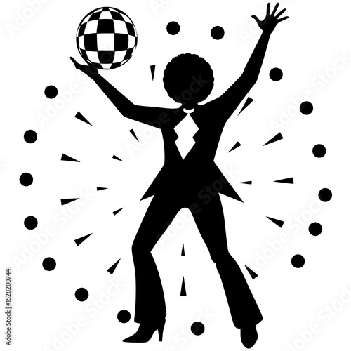 A stylish disco dancer silhouette is shown holding a mirror ball, isolated on white background