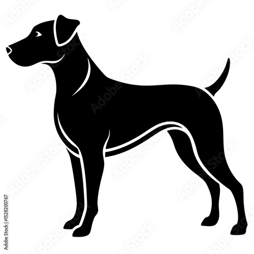 A black silhouette of a dog stands isolated on white background