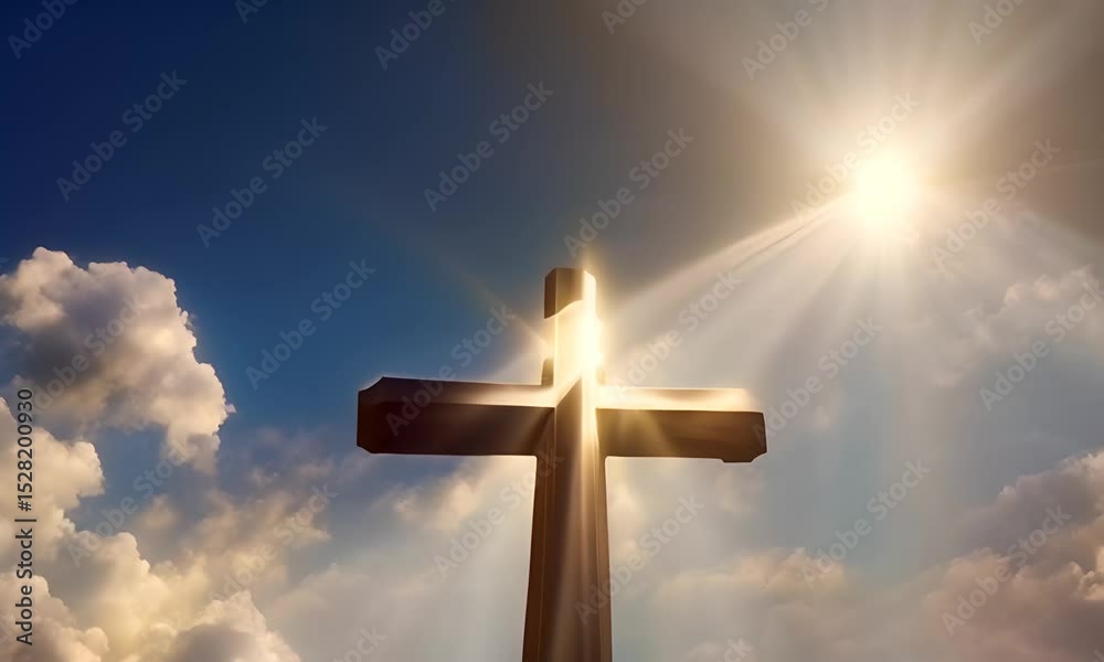 Holy cross glowing in sky, rays of divine light symbolizing faith Holy cross glowing in sky, rays of divine light symbolizing faith