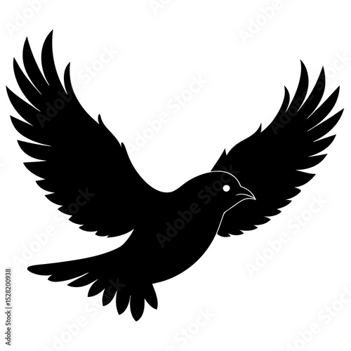 A black bird silhouette is shown flying with wings outstretched isolated on white background