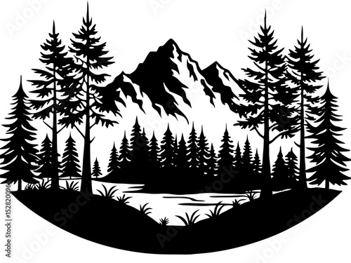 A scenic mountain lake is surrounded by a dense forest of tall pine trees