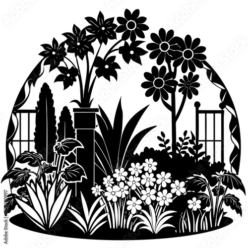 A black and white illustration of a garden scene with various flowers and plants, enclosed by a fence