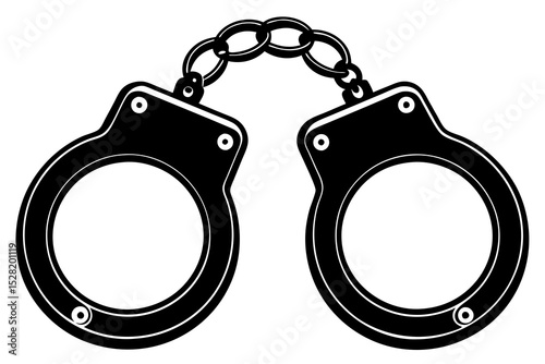 Black metal handcuffs with a chain are isolated on white background