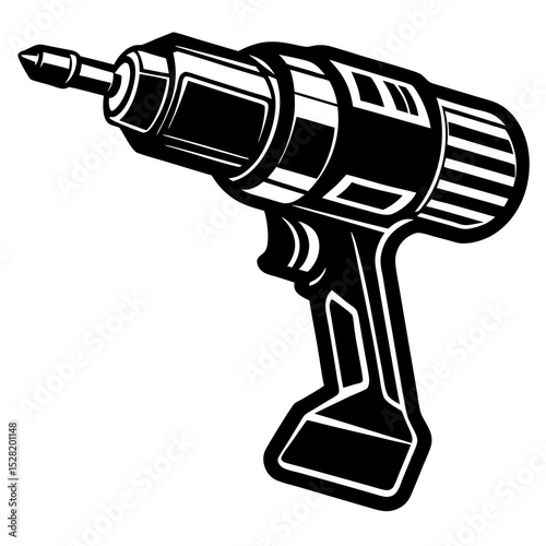 A black and white illustration of an electric drill isolated on white background