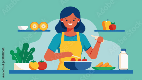 A smiling woman prepares a fresh salad in her kitchen