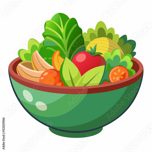 A green bowl filled with a fresh salad of tomatoes, lettuce, and other vegetables