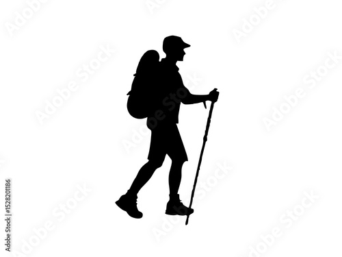 Silhouette of a hiker walking with a backpack and poles, isolated on white background