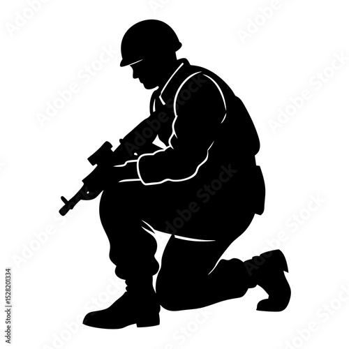 A soldier kneels holding a rifle, isolated on white background