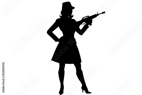 Silhouette of a woman soldier holding a rifle, isolated on white background