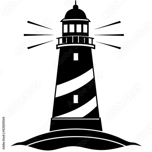 A black and white illustration of a lighthouse isolated on white background