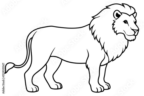 A majestic lion stands in profile, isolated on white background