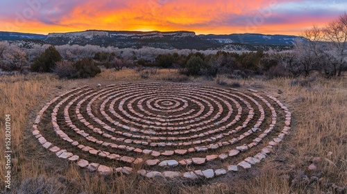 Spiral stone path at sunrise.