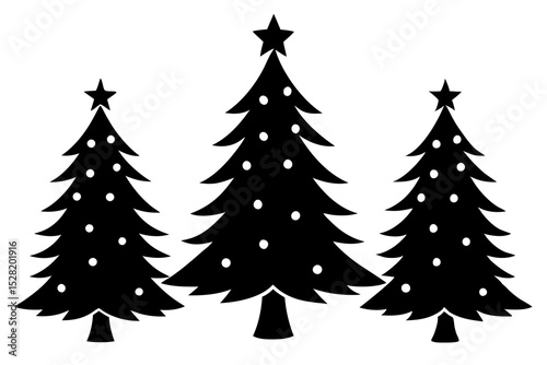 Three stylized christmas trees stand together, isolated on white background