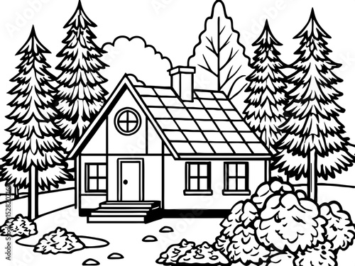 A charming black and white illustration of a cozy house nestled among tall pine trees in a forest setting