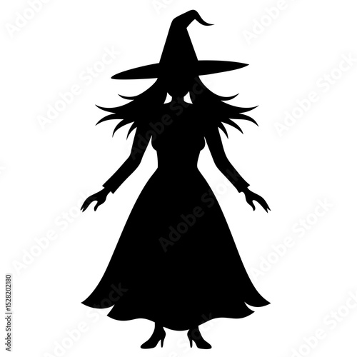 Silhouette of a witch in a long dress and pointed hat, isolated on white background