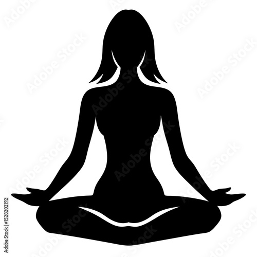 Silhouette of a woman sitting in a yoga meditation pose, isolated on white background