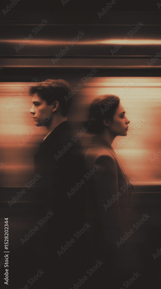 Dramatic train speeding through station separating emotional man and woman Dramatic train speeding through station separating emotional man and woman