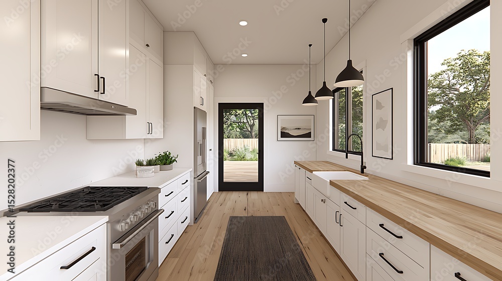 Fototapeta premium Bright Kitchen Interior Design Featuring White Cabinetry, Wooden Countertops, and Natural Light Filtering Through a Window, Creating a Cozy Atmosphere.
