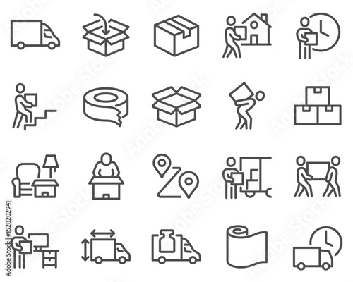 Simple Set of Moving Service Related Vector Line Icons. Contains such Icons as Office Move, Vehicle Cargo Stats, Loaders and more.
