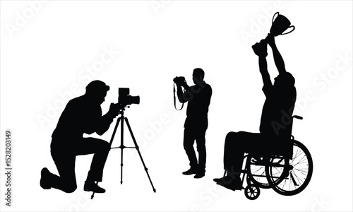 Two photographers capturing a wheelchair athlete winning a trophy