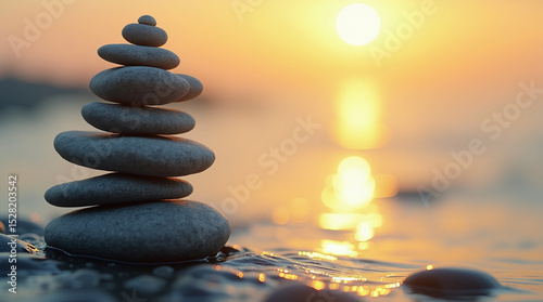 Stone pile at sunset symbolizes balance and tranquility.  photo