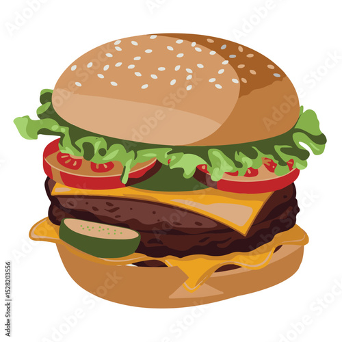 Isolated classic cheeseburger with beef, cheese, lettuce, tomato, and onion on a sesame bun