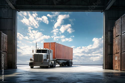 Truck unloads shipping containers inside warehouse with blue sky