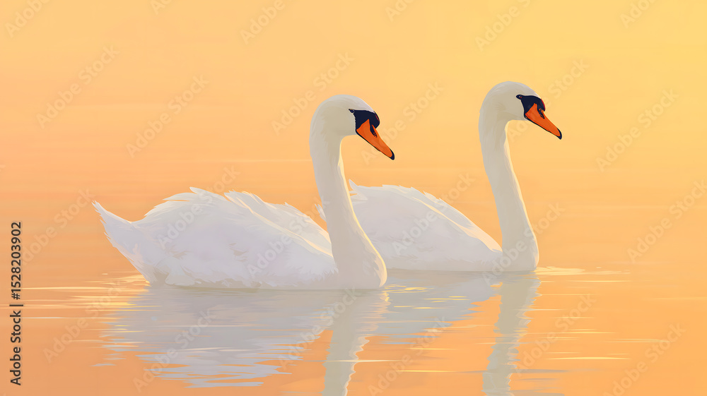 Fototapeta premium At sunset, a pair of swans 