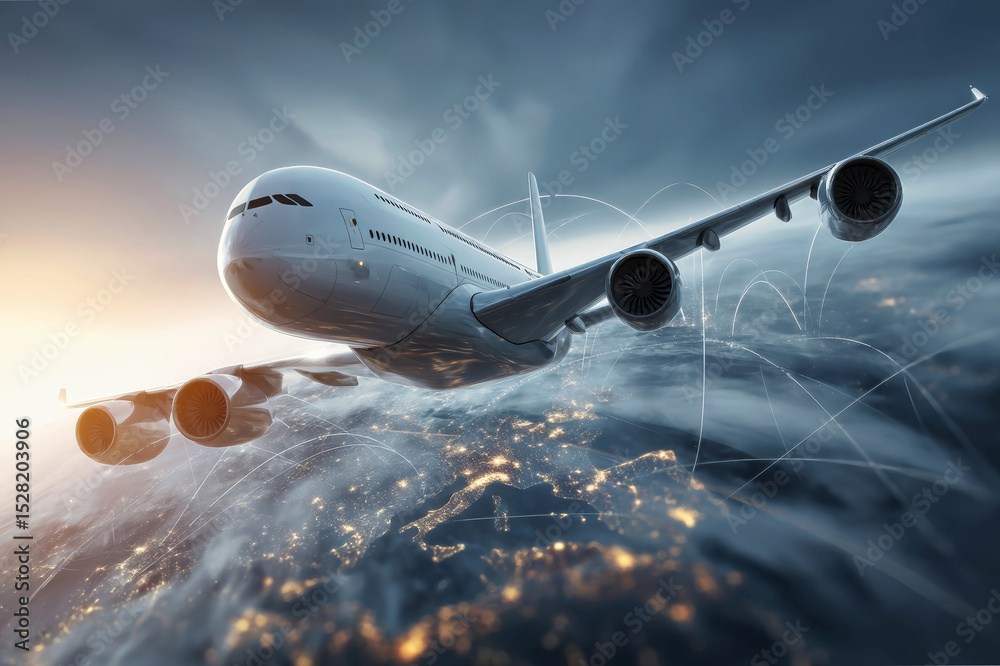 Fototapeta premium Cargo plane gliding across the globe with network connections em