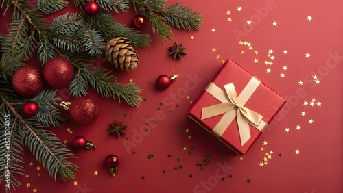 Christmas Gift Box with Pine Branches and Ornaments on Red Background