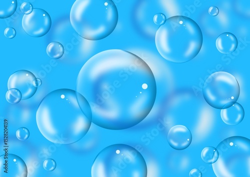 transparent water bubbles floating on bright blue background fresh clean abstract illustration 